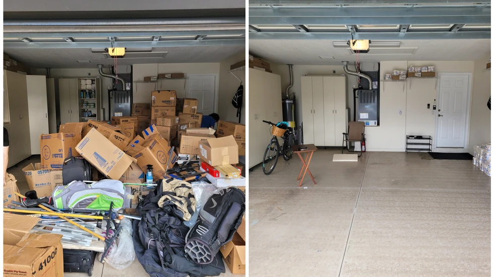 Before and after images showing the removal of carboard boxes and trash by U Call-We Haul Junk Removal from a garage in Black Forest, Colorado.
