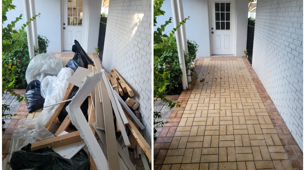 Before and after images showing the removal of construction debris by U Call-We Haul Junk Removal after a home renovation in Apollo Beach, Florida.